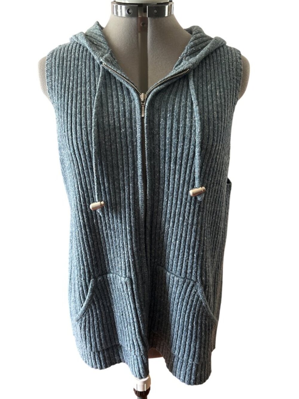 Venezia Jeans Womens Blue Ribbed Hooded Sleeveless Zip-Up Sweater Vest XL 14/16